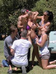 MomsCult presents: Three naughty girls gets banged outdoors in group sex game