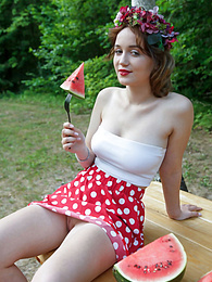 MomsCult presents: Nice belarusian stunner Rokki removes all clothes on a blanket in a backyard